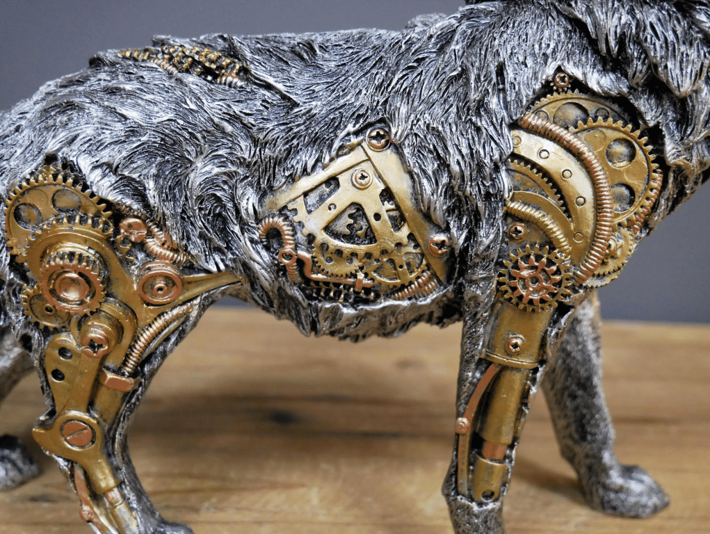 Steampunk-Wolf-Skulptur, silbernes Fell, goldene Zahnräder, mechanisches Design, Deko-Objekt