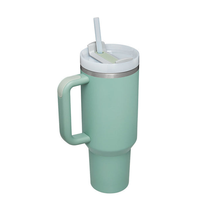 Grüner Thermobecher mit Henkel und Strohhalm, Edelstahl, isoliert, 1 Liter, tragbar.