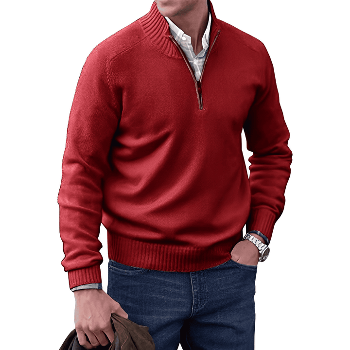 Roter Herrenpullover mit Reißverschluss, Baumwolle, modisch, lässig, Herbstmode, Herrenbekleidung.
