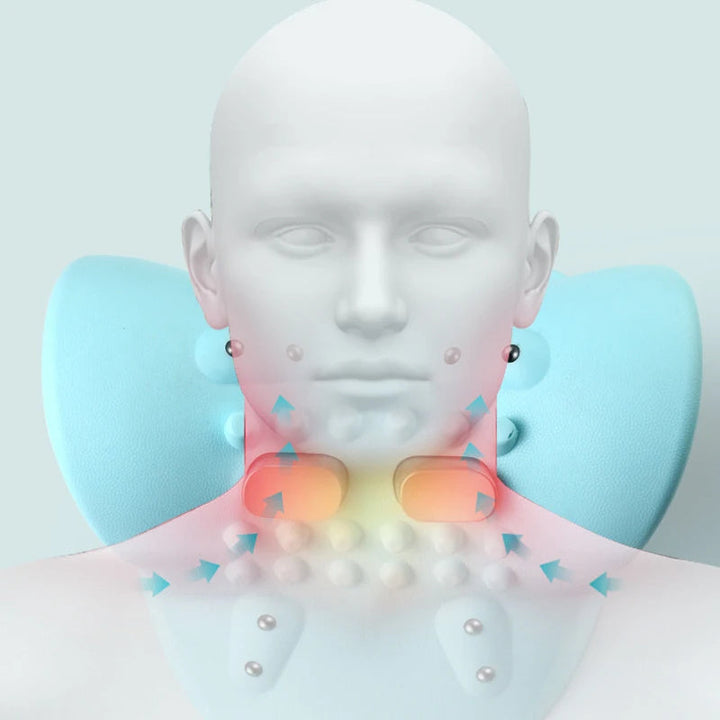 Nackenmassagegerät blau, ergonomisch, mit Wärmefunktion, für Schmerzlinderung und Entspannung.