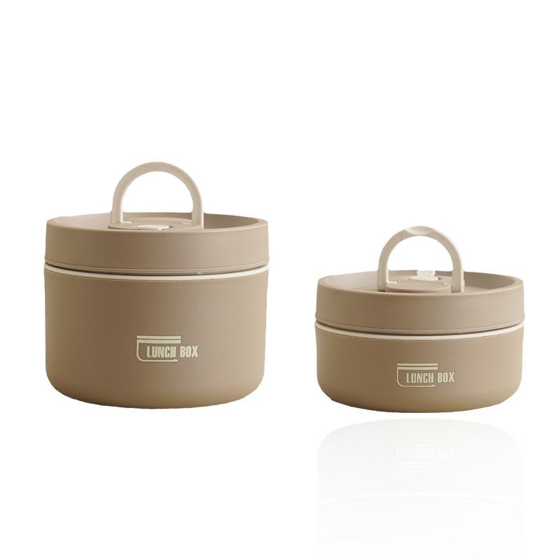 Beige Lunchbox-Set aus Kunststoff, rund, mit Griff, stapelbar, ideal für Mahlzeiten unterwegs.