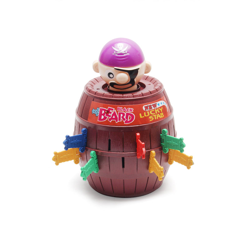 Spielzeug Piratenfass mit bunten Schwertern, lila Piratenkopf, Kinderpartyspiel, Kunststoff.
