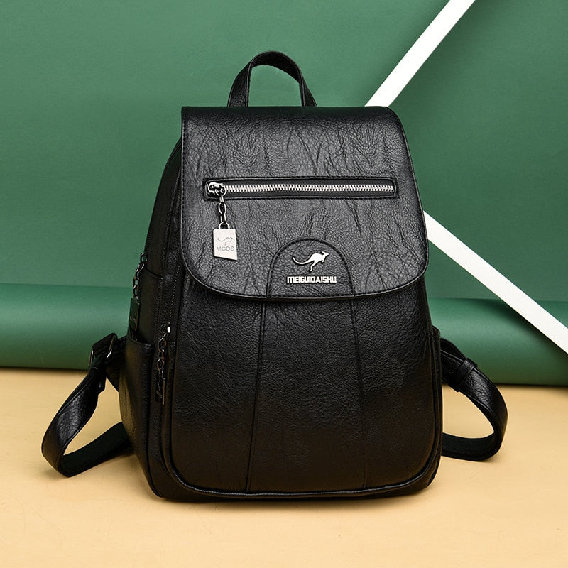 Schwarzer Leder-Rucksack mit Reißverschluss, modisch, Damen, elegant, Alltagsgebrauch.