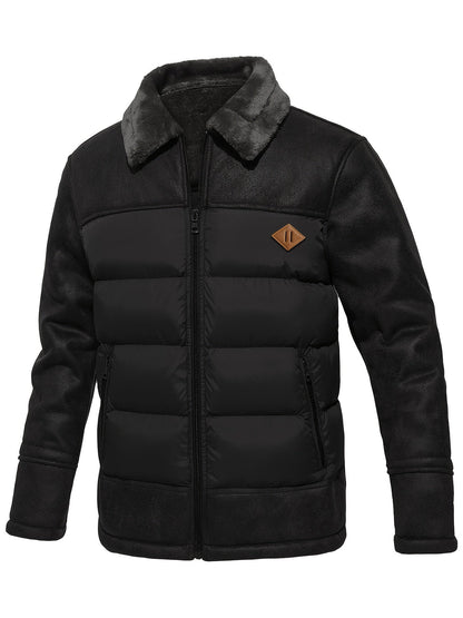 Schwarze Herren-Winterjacke mit Kunstfellkragen, gesteppter Vorderseite, Reißverschluss.