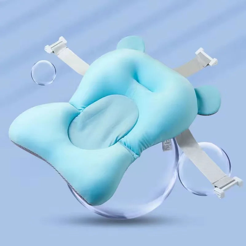 Blaues Baby-Badekissen mit verstellbaren Gurten, ergonomisch, rutschfest, bequem.
