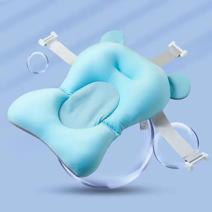 Blaues Baby-Badekissen mit verstellbaren Gurten, ergonomisch, rutschfest, bequem.