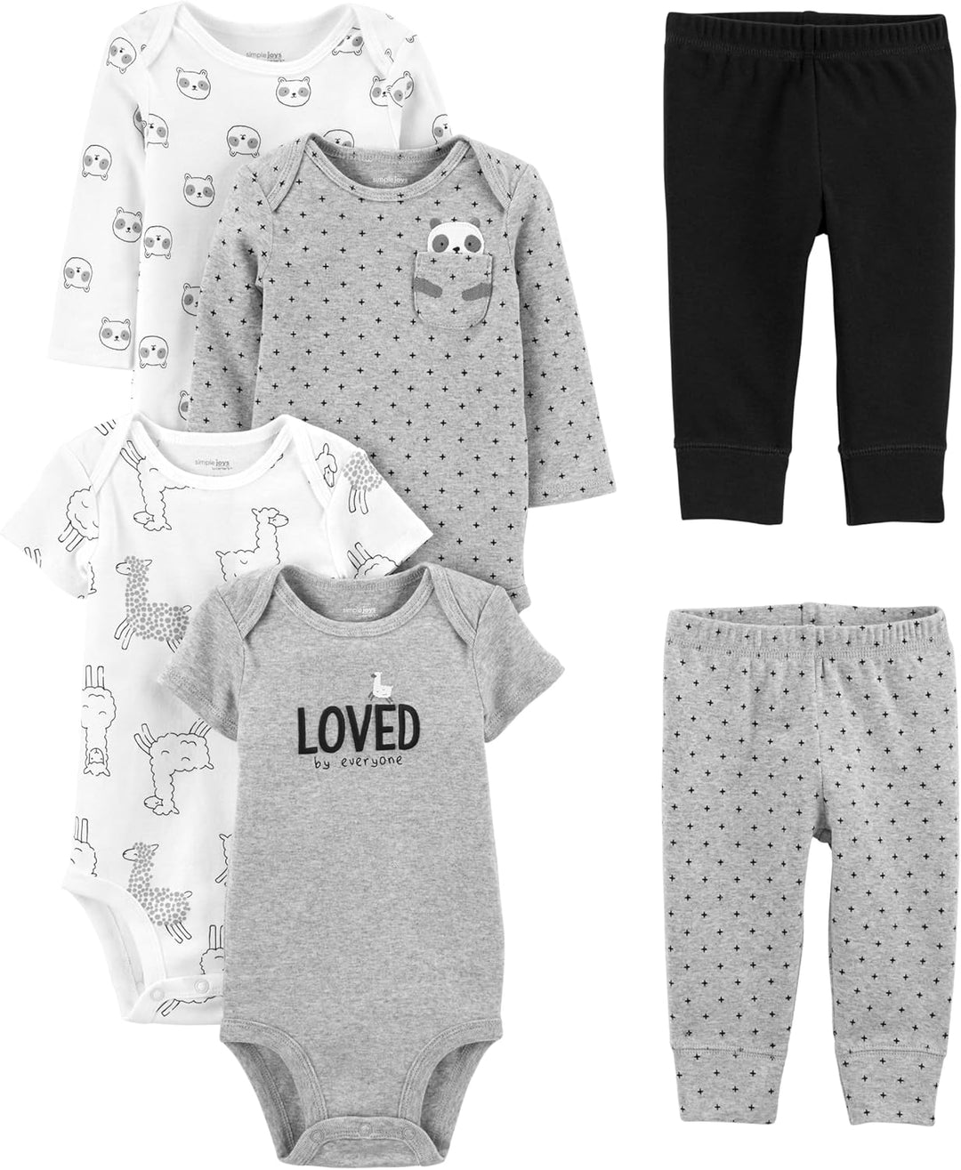 Baby-Kleidung Set, grau und schwarz, Langarm-Bodys, Tiermotive, Baumwolle, 6-teilig