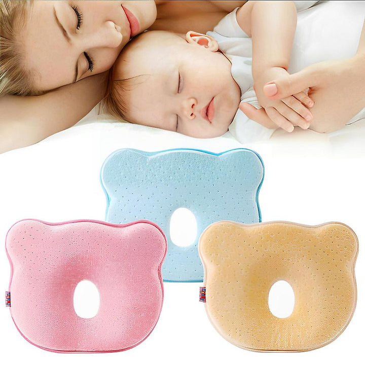 Baby-Kopfkissen in Bärenform, rosa, blau, gelb, ergonomisch, für Neugeborene.