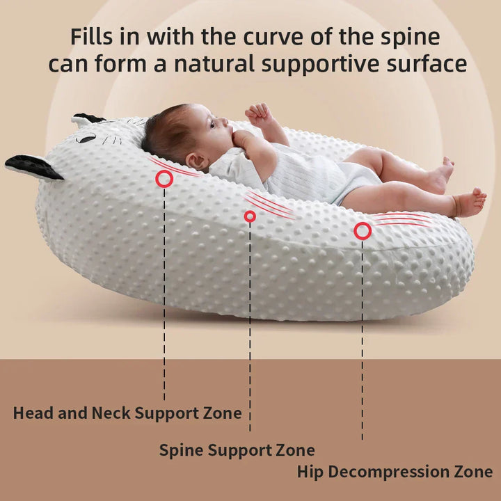 Baby auf ergonomischem, weißem Babykissen mit Noppen, Rückenstütze, Kopf- und Nackenstütze.