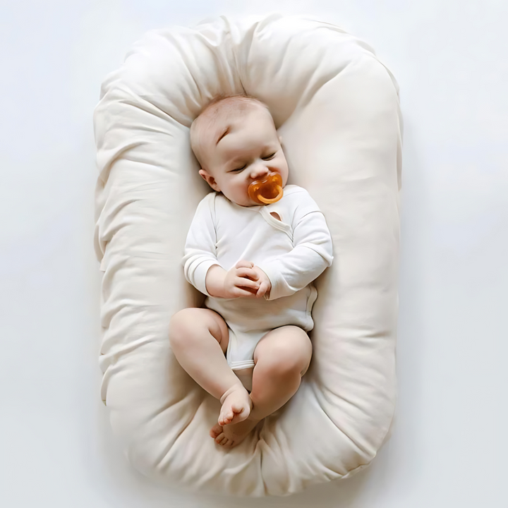 Schlafendes Baby in weißem Strampler auf cremefarbenem Babynest mit Schnuller.
