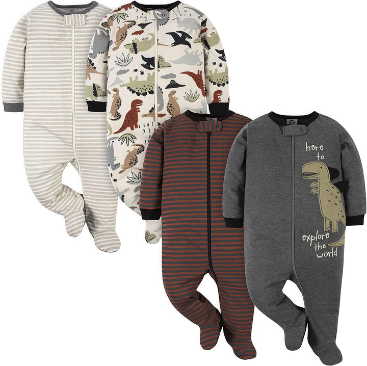 Vier Baby-Strampler mit Dinosaurier- und Streifenmuster, Reißverschluss, Baumwolle.