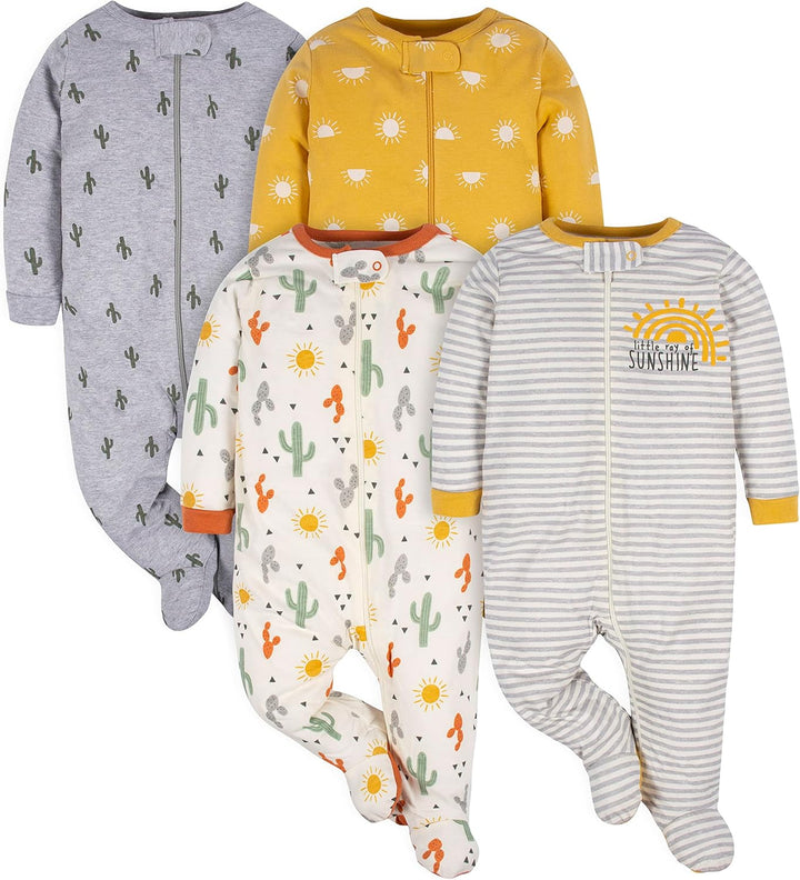 Vier Baby-Strampler, Baumwolle, mit Sonnen- und Kaktusmotiven, in Grau, Gelb und Weiß.