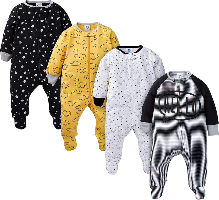 Vier Baby-Strampler, schwarz, gelb, weiß, mit Sternen, Wolken, Streifen, aus Baumwolle.