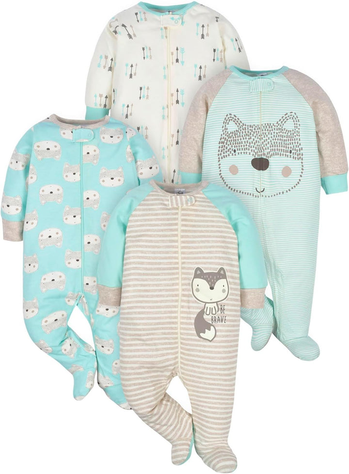 Vier Baby-Strampler, Bär- und Fuchs-Design, blau und grau, Baumwolle, Reißverschluss.