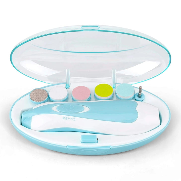 Elektrischer Baby-Nageltrimmer, blau-weiß, mit Aufsätzen, sicher und schonend für Babys.