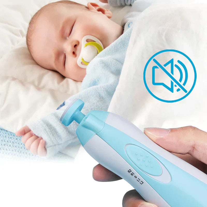 Baby-Nageltrimmer Set, geräuschlos, blau-weiß, sicher für Neugeborene, ergonomisches Design.