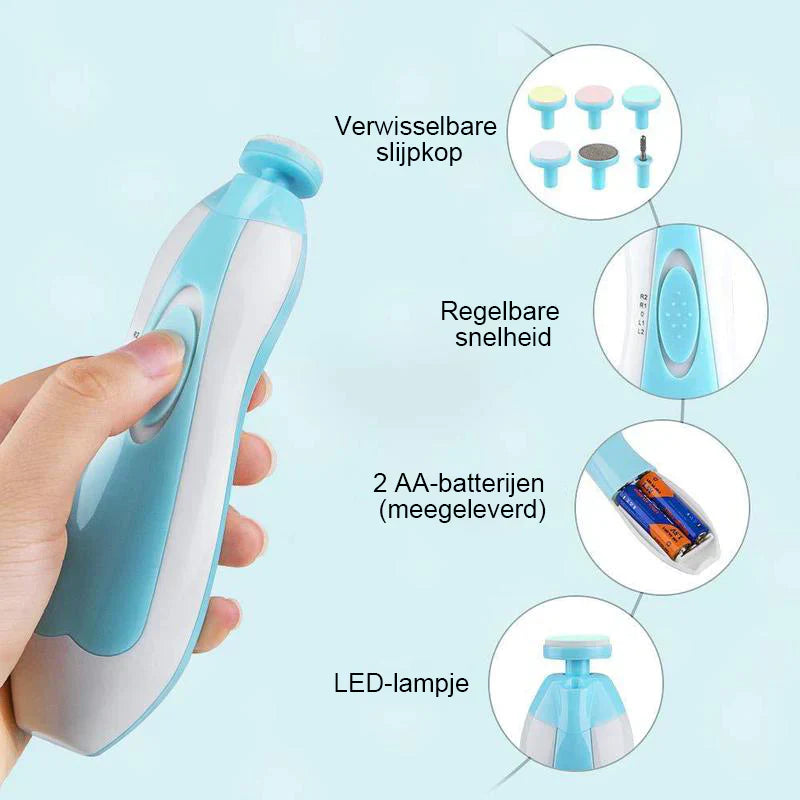 Elektrischer Baby-Nageltrimmer, blau-weiß, mit LED-Licht, austauschbare Schleifköpfe.