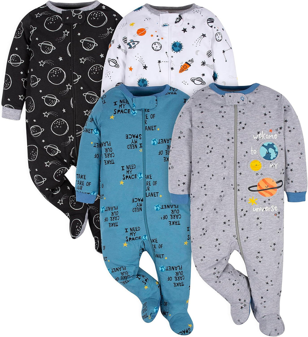 Vier Baby-Strampler mit Weltraum-Motiven, in Schwarz, Weiß, Blau und Grau.