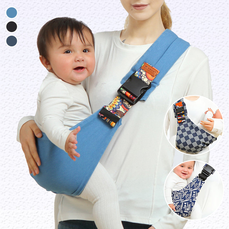 Frau trägt Baby in blauem Tragetuch, ergonomisch, verstellbar, bequem, Babytrage, Eltern.