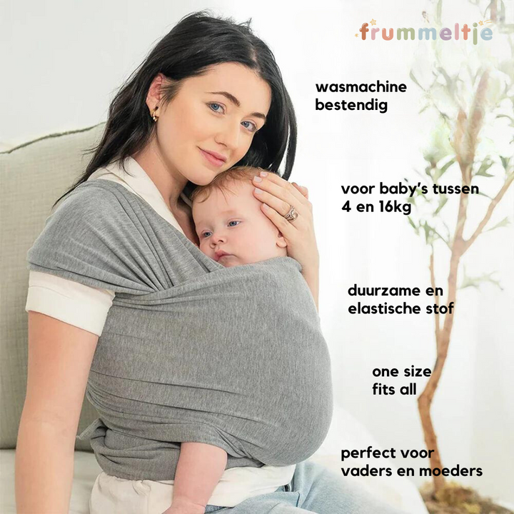 Frau mit grauem Babytragetuch, elastisch, maschinenwaschbar, für Babys 4-16kg, ideal für Eltern.