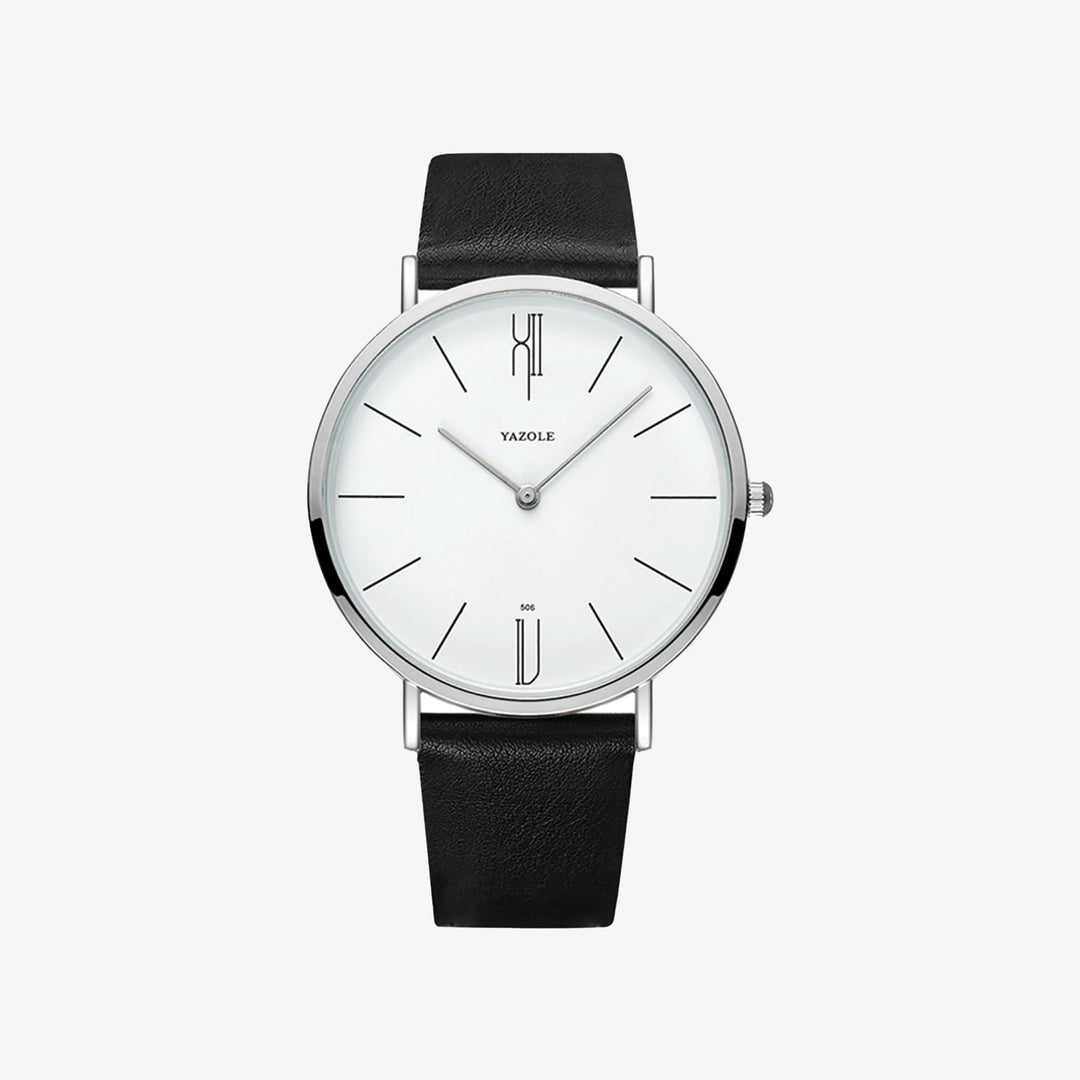 Schwarze Lederarmbanduhr mit weißem Zifferblatt, minimalistisches Design, Herrenuhr.