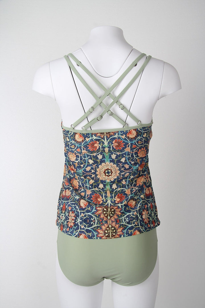 Damen Badeanzug mit floralem Muster, grün, Rückenansicht, Spaghettiträger, Sommermode.