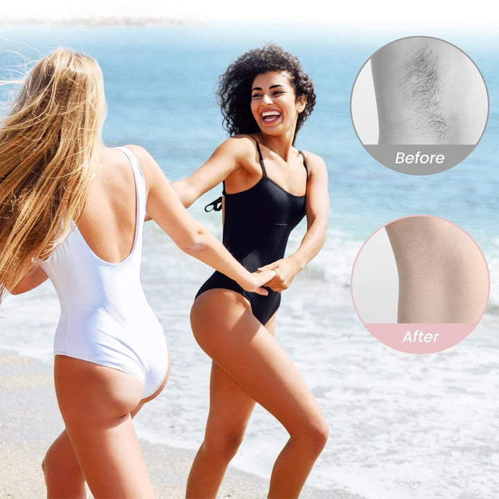 Frauen am Strand in Badeanzügen, Haarentfernung vorher-nachher, glatte Haut, Sommermode.