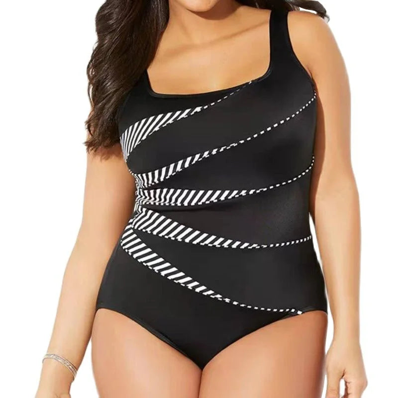 Schwarzer Badeanzug Damen, Plus Size, mit weißen Streifen, figurbetont, Sommermode.