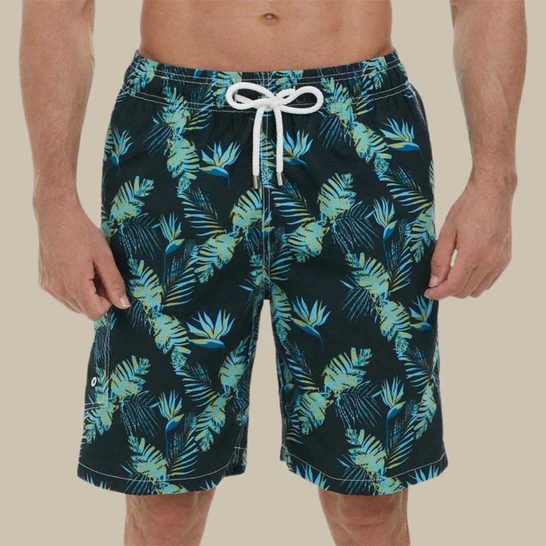 Männer-Badeshorts mit tropischem Muster, schwarz-blau, elastischer Bund, Kordelzug.