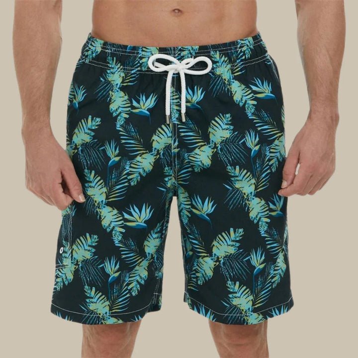 Männer-Badeshorts mit tropischem Muster, schwarz-blau, elastischer Bund, Kordelzug.