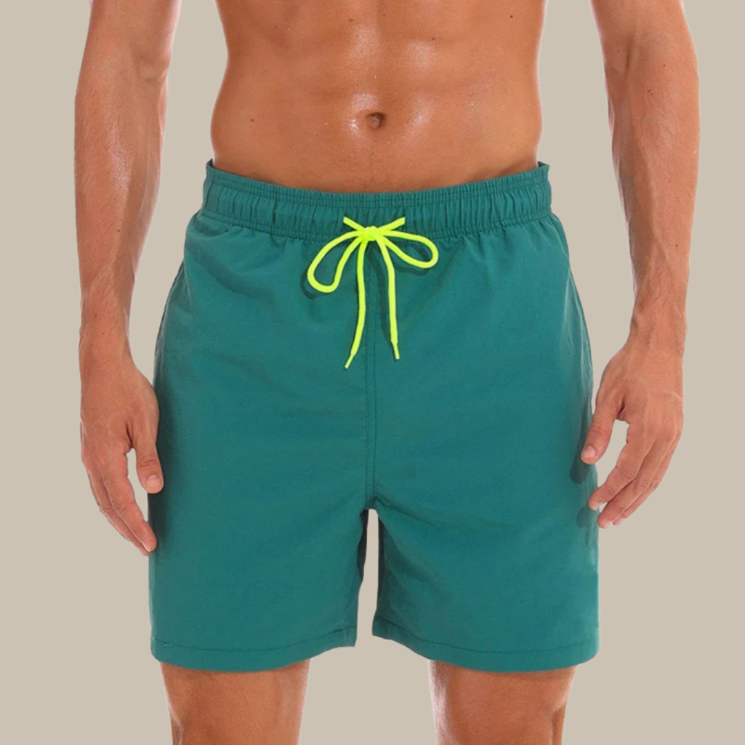 Männer-Badeshorts grün mit gelbem Kordelzug, Strandmode, schnell trocknend, Sommerbekleidung.