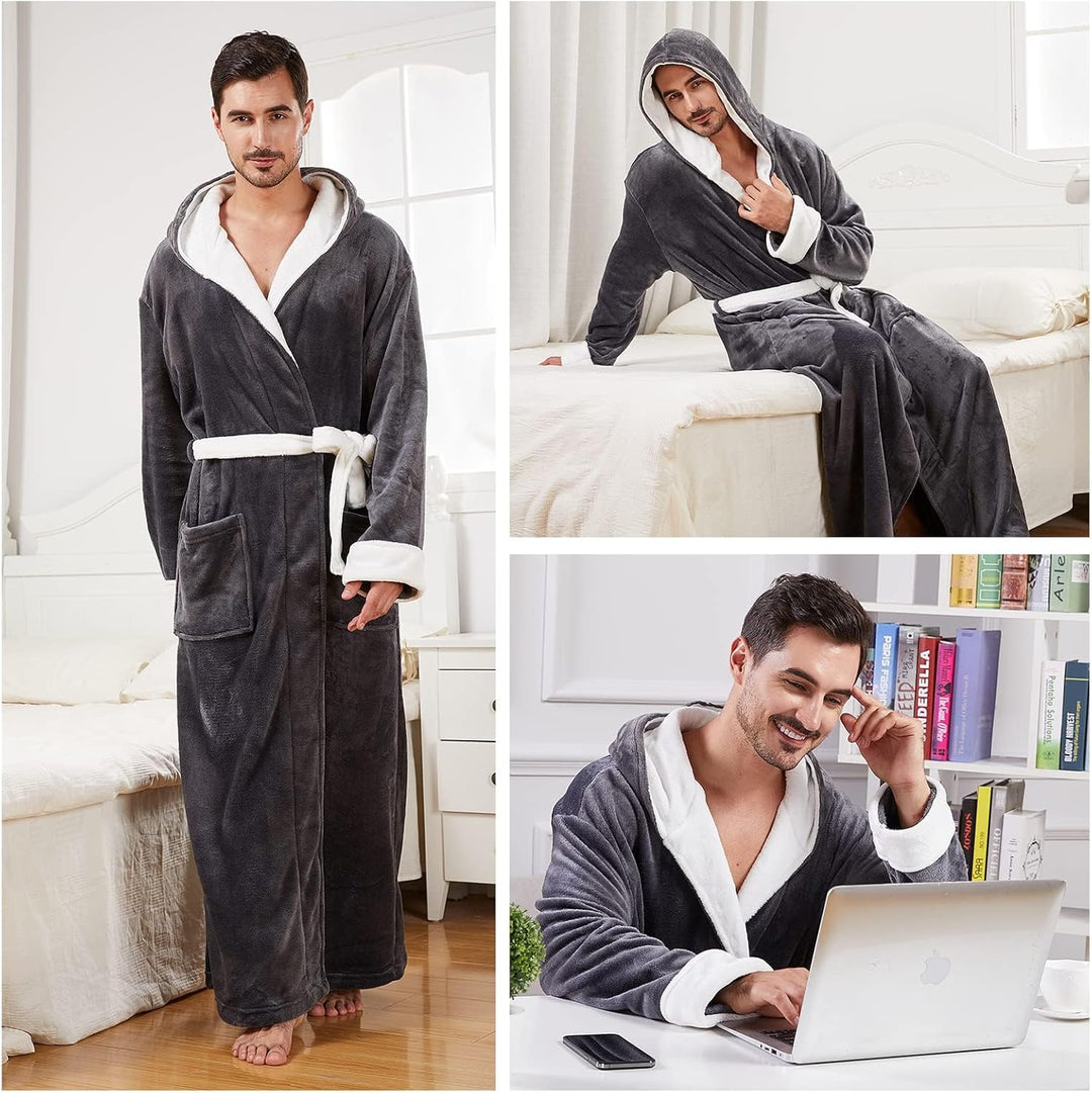 Männer Bademantel Fleece Grau, Kapuze, Taschen, Gürtel, gemütlich, ideal für Zuhause.