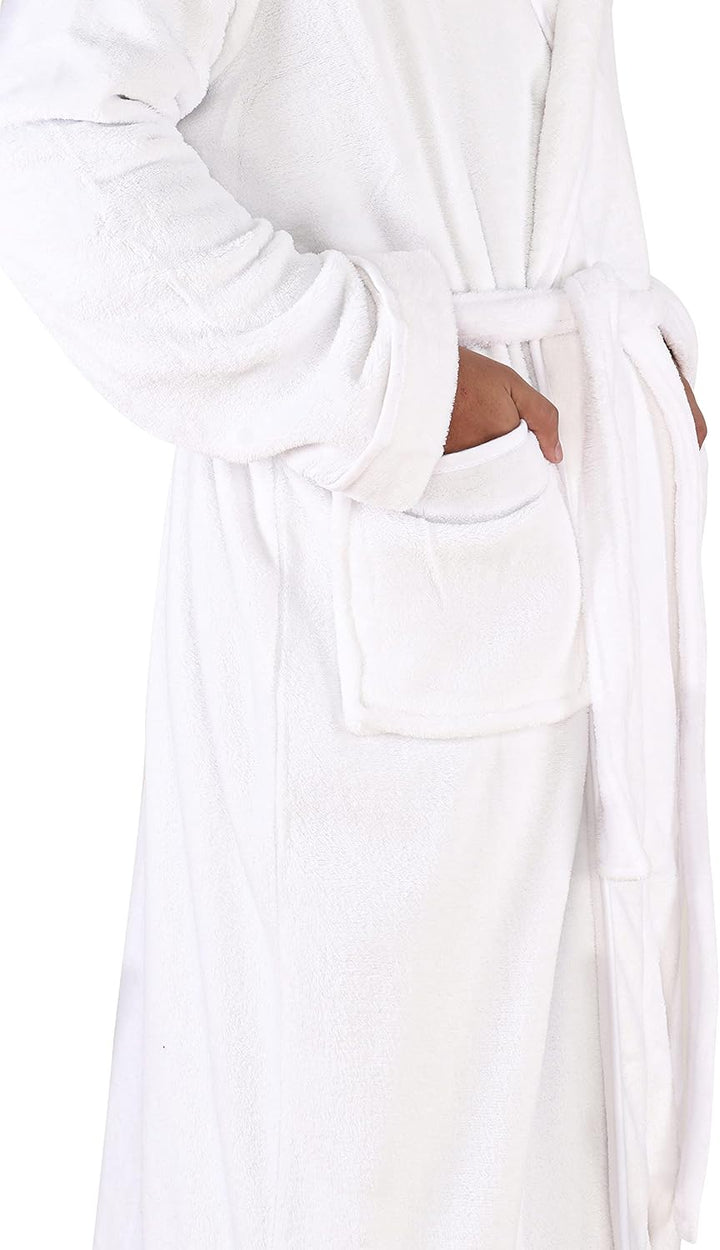 Weißer Bademantel aus Fleece, weich, mit Gürtel und Tasche, ideal für Damen und Herren.