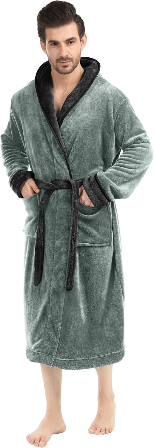 Mikrofaser Bademantel Herren, grau, mit Kapuze, weiches Fleece, gemütlich, Morgenmantel.