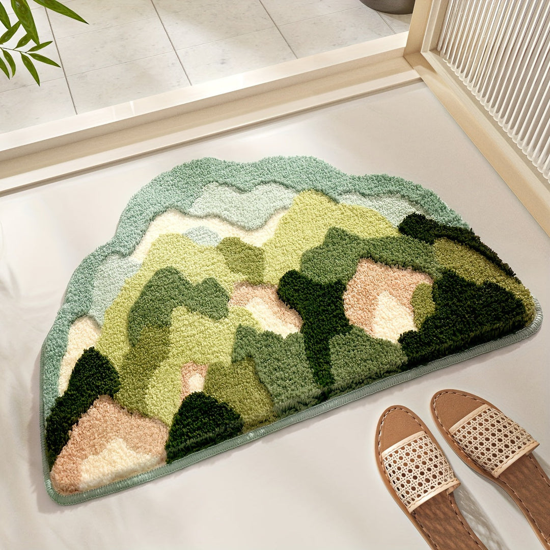 Bunter Teppich in Bergform, grün-beige, Wohnzimmerdekor, weiche Textur, modernes Design.