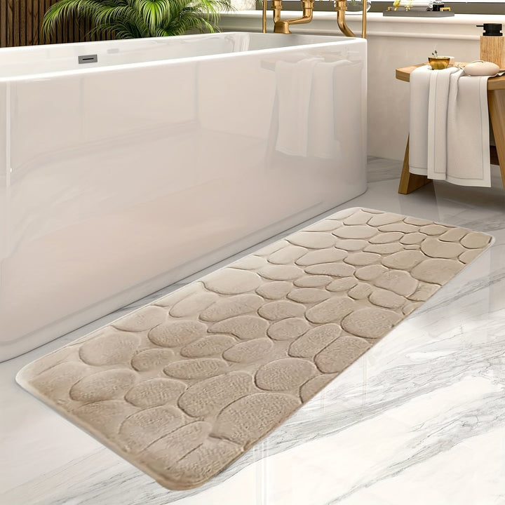 Beige Badematte aus Memory-Schaum, rutschfest, Steinmuster, Badezimmerdekor, rechteckig.