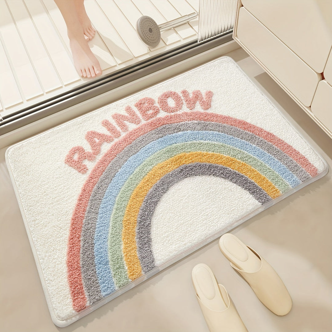 Bunter Regenbogen-Badteppich, rutschfest, saugfähig, Badezimmer-Dekoration, Pastellfarben.