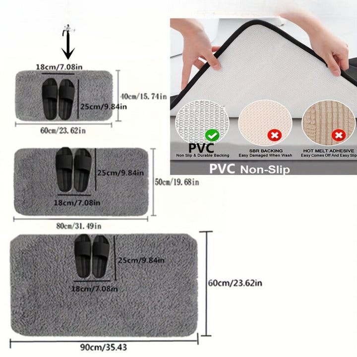 Grauer rutschfester PVC-Badvorleger, rechteckig, mit Maßen und schwarzen Hausschuhen.