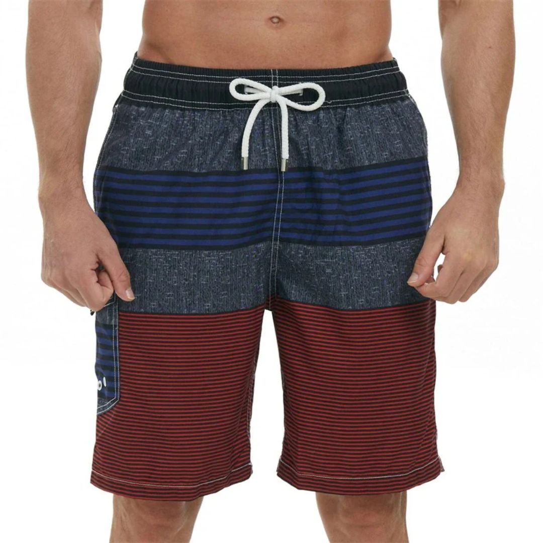 Männer-Badeshorts, gestreift, blau-rot, Kordelzug, Sommermode, Strandbekleidung.