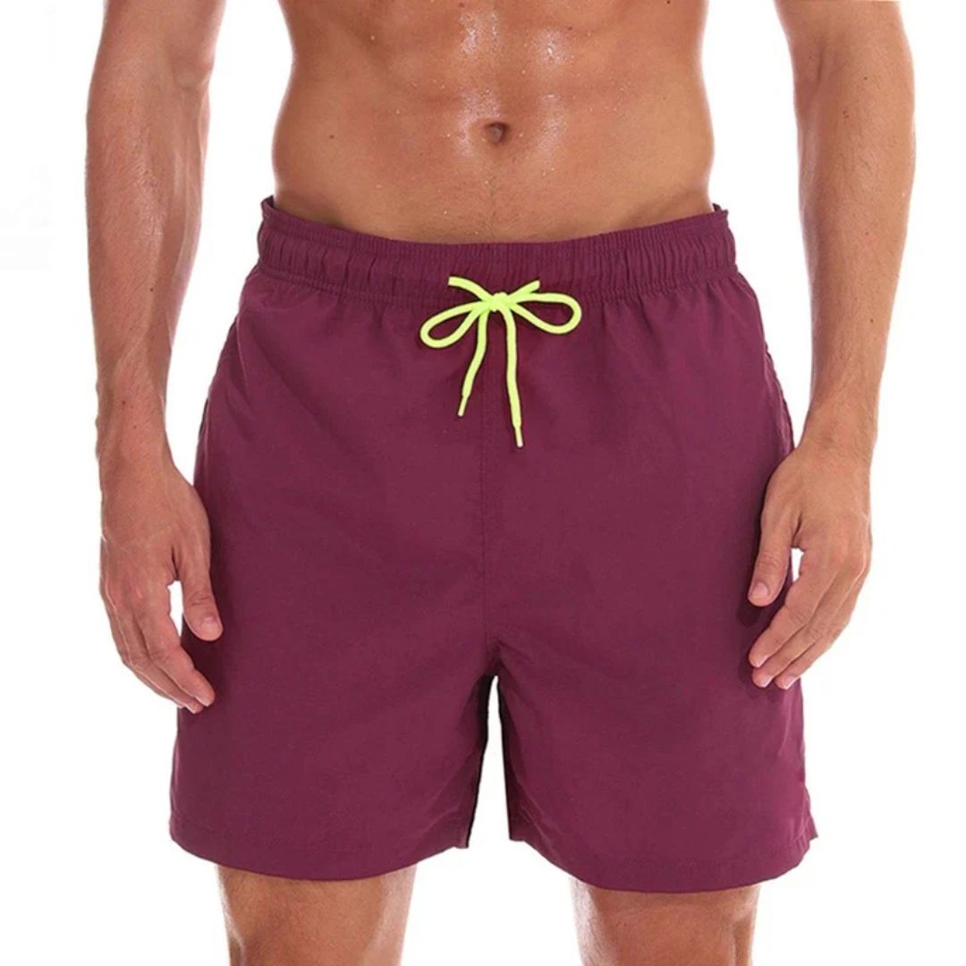 Männer Badehose, lila, elastischer Bund, gelbe Kordel, schnell trocknend, Strandmode.