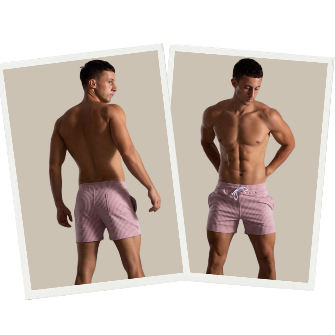 Mann in rosa gestreifter Badeshorts, muskulös, Vorder- und Rückansicht, Strandmode.