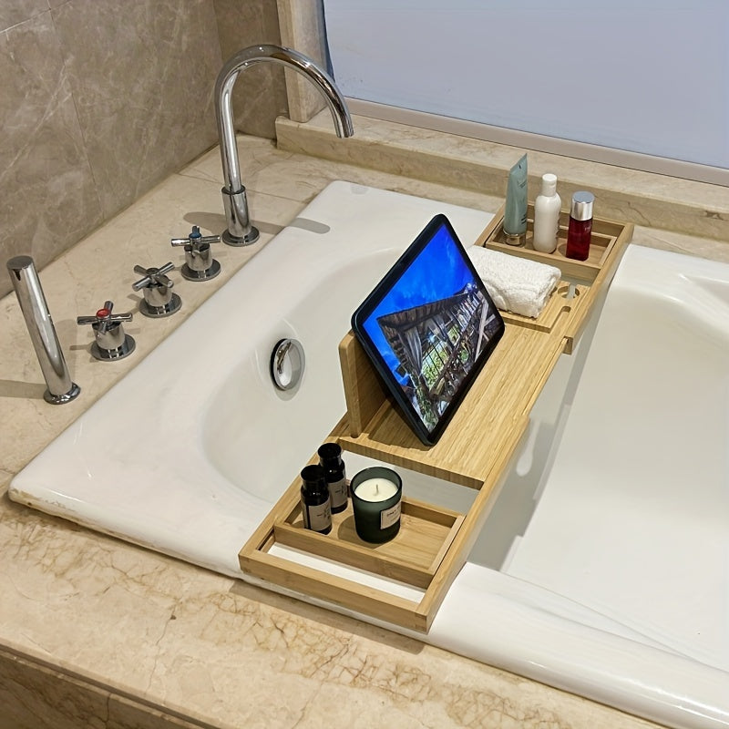 Bambus Badewannenablage mit Tablet-Halter, Kerze, Pflegeprodukte, modernes Badezimmer-Accessoire.