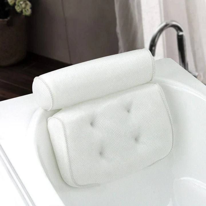 Weiße Badewannenkissen, ergonomisch, rutschfest, für Nacken- und Rückenunterstützung.