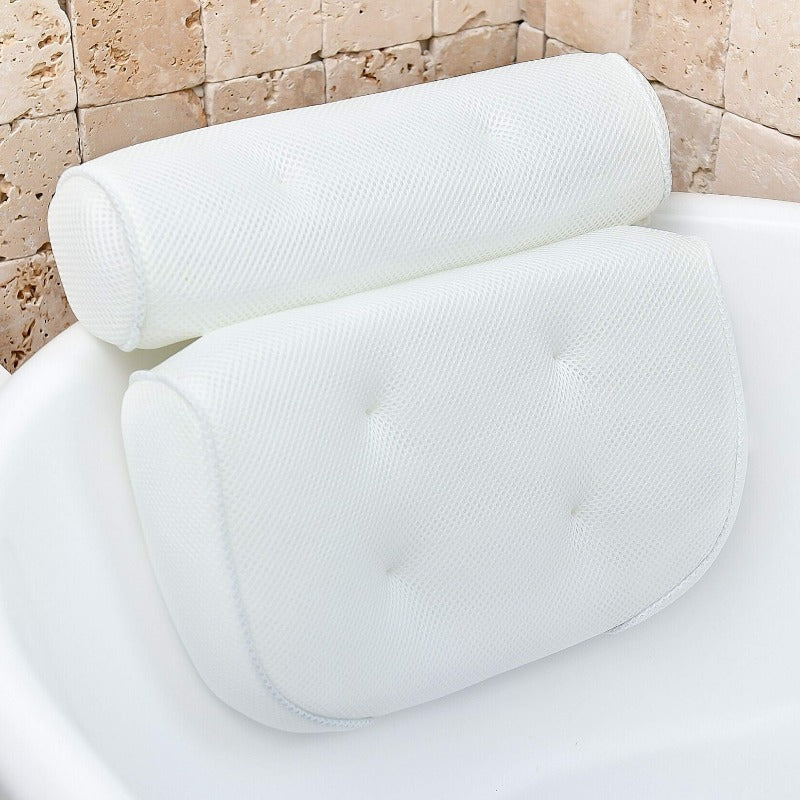 Weiße Badewannenkissen, ergonomisch, rutschfest, für Nacken- und Rückenunterstützung.