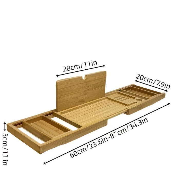 Bambus Badewannenablage, ausziehbar, 60-87 cm, mit Buchhalter und Fächern, naturfarben.