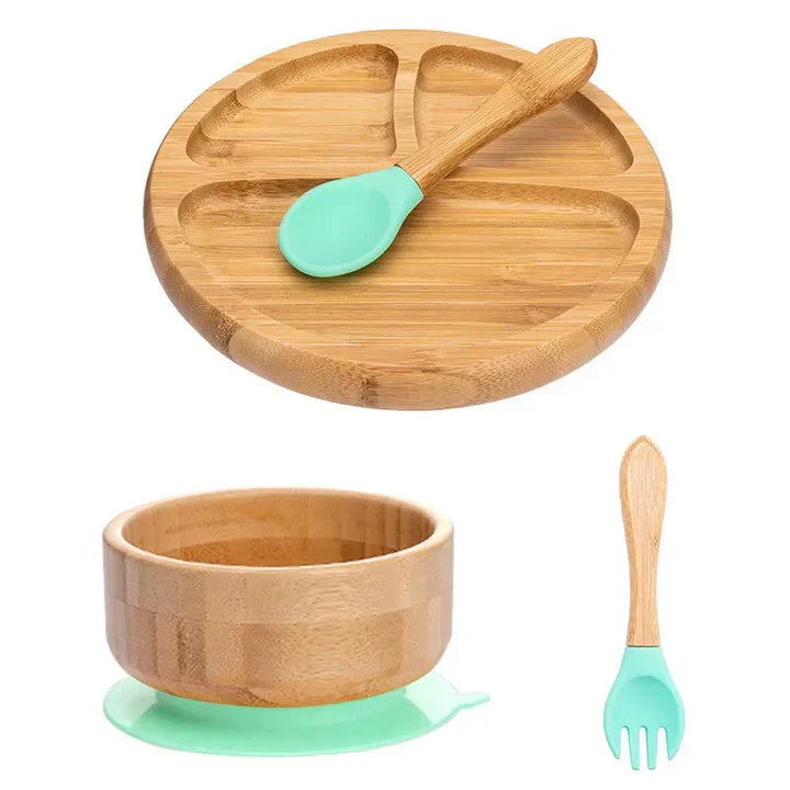 Bambus Kindergeschirr Set mit Teller, Schüssel, Löffel, Gabel, rutschfest, umweltfreundlich.