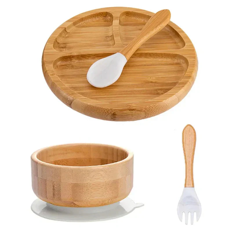 Bambus Kindergeschirr Set mit Teller, Schüssel, Löffel, Gabel, rutschfest, umweltfreundlich