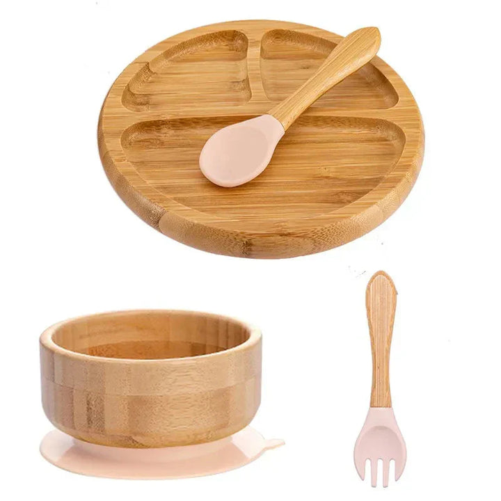 Bambus Kindergeschirr Set, Teller, Schüssel, Löffel, Gabel, umweltfreundlich, rosa Akzente