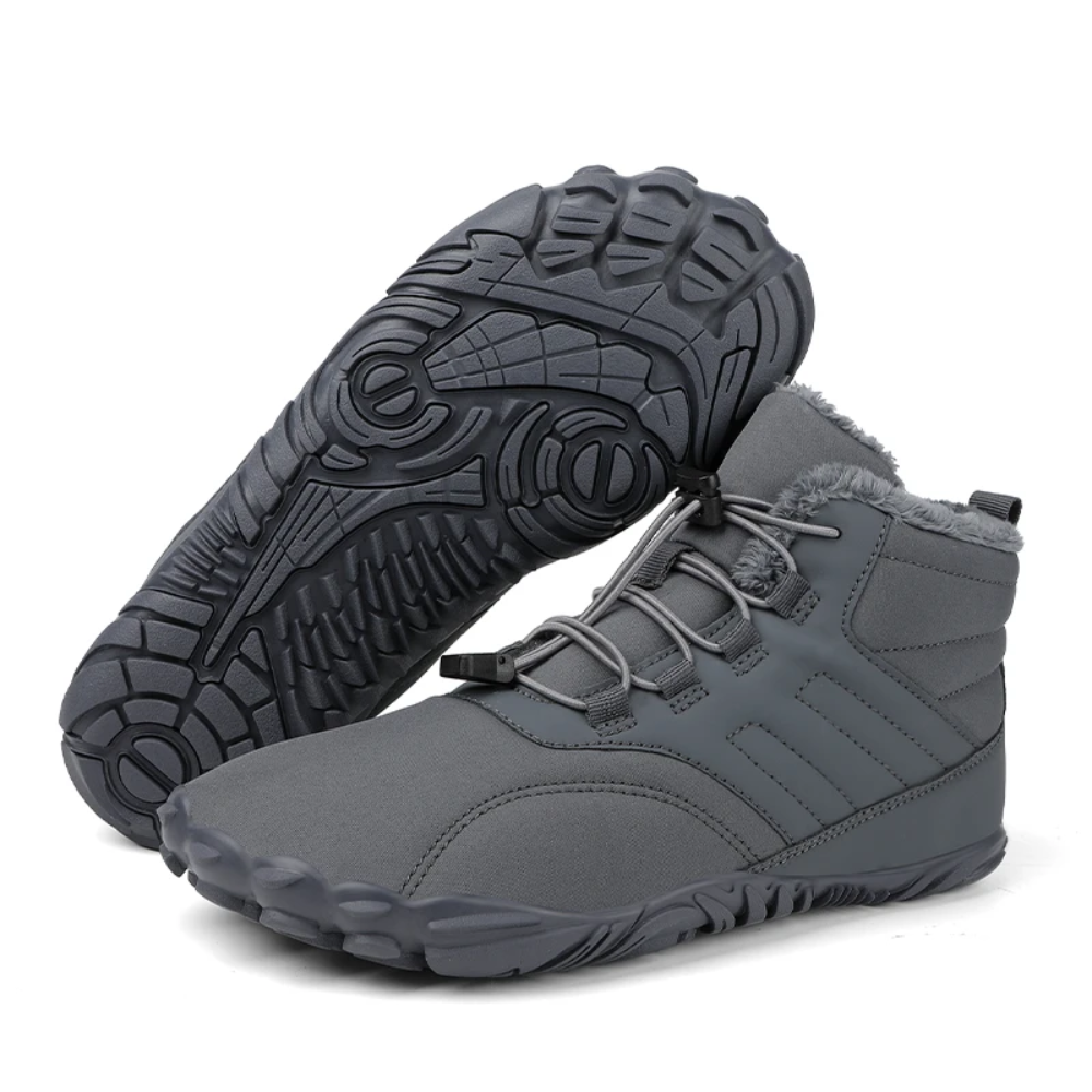 Graue Barfuß-Snowboots, wasserdicht, rutschfest, warm gefüttert, ideal für Winterwetter.