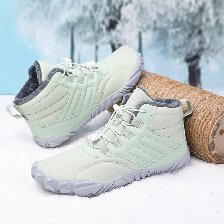 Grüne Barfuß-Snowboots, wasserdicht, rutschfest, für Winterwandern im Schnee.